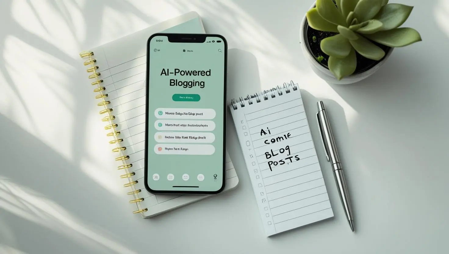 Clean workspace with a laptop using an AI writing tool for blogging