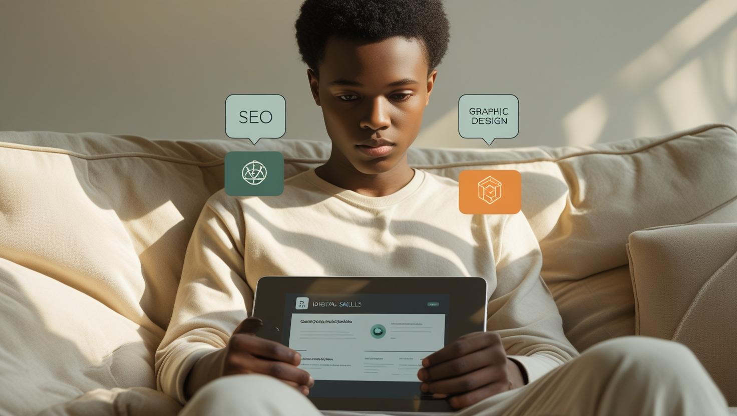 Young person learning high paying digital skills on a tablet in a calm environment