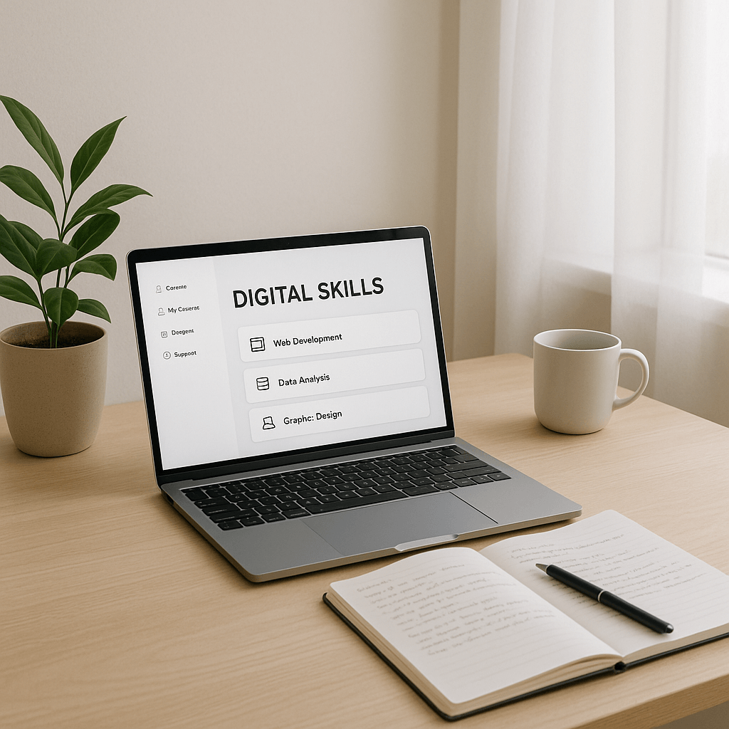 A calm and tidy desk setup with a laptop and notes, ideal for learning digital skills at home