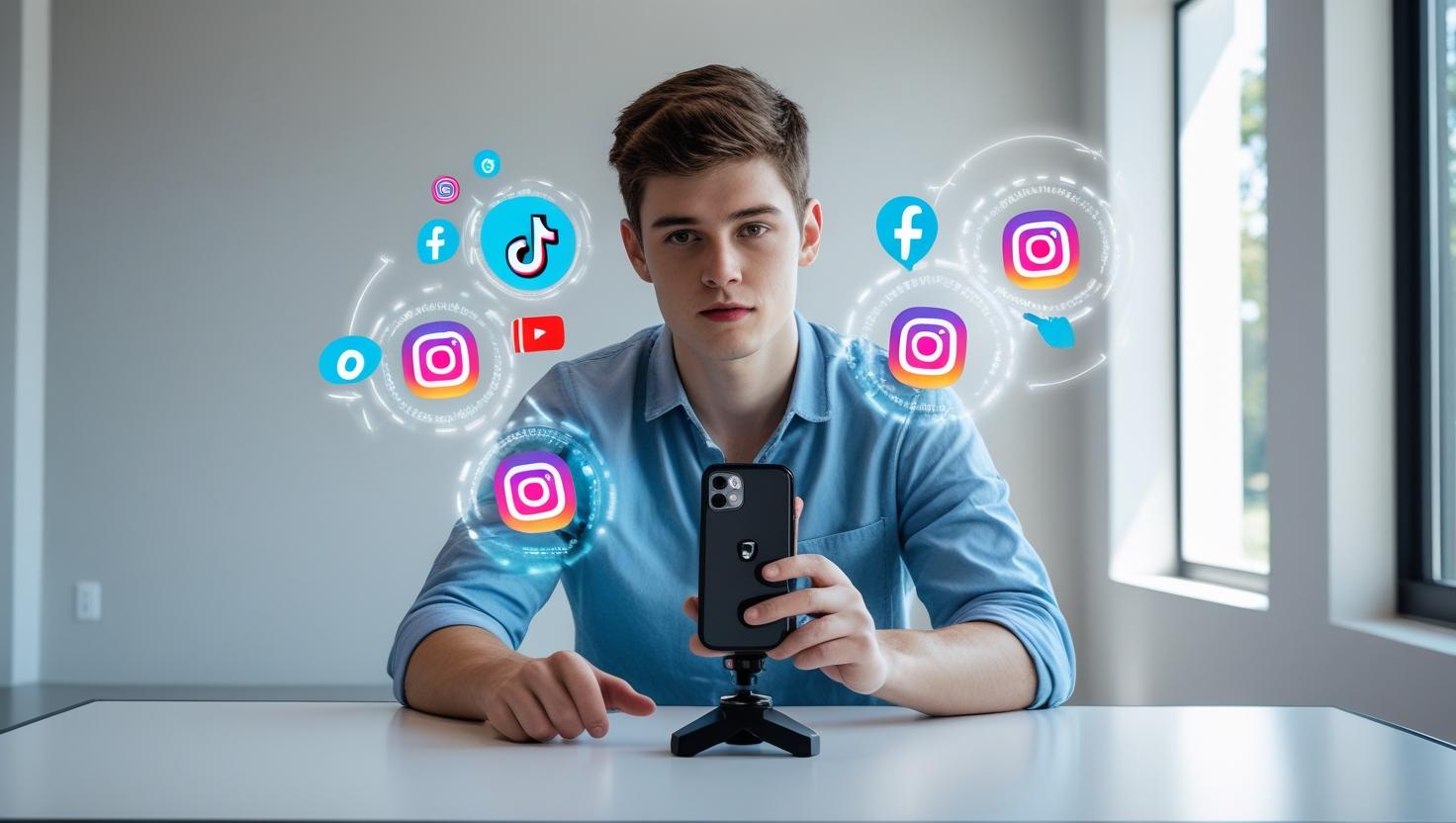 A student creating social media content using a phone and laptop